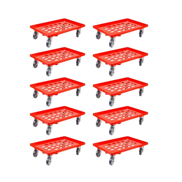 PROREGAL SparSet 10x Transportroller für Euroboxen 60 x 40 cm mit Gummiräder Rot Gitter/Rasterdeck 4 Lenkrollen Traglast 300 kg
