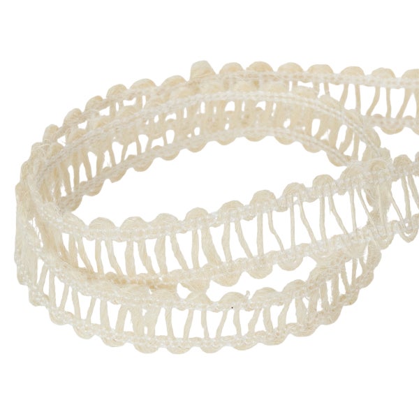 Dekoratives cremefarbenes Zierband mit Wellenrand und offener Webstruktur aus Naturfasern.