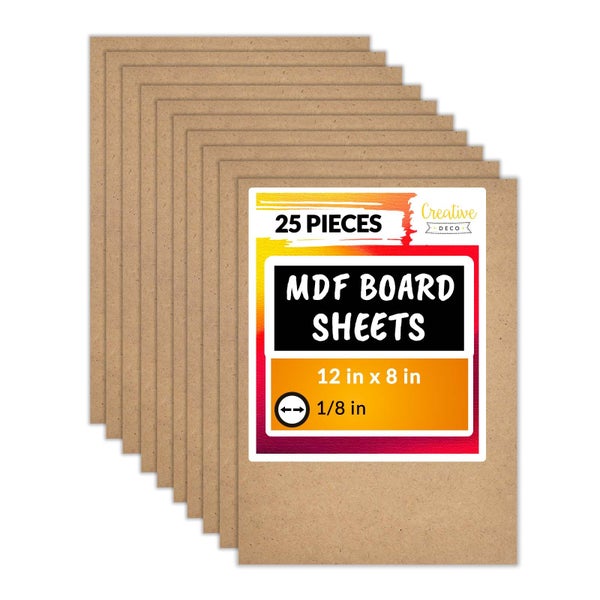 Creative Deco Logo. Packung mit 25 MDF-Platten, Maße 12 Zoll mal 8 Zoll, Stärke ein Achtel Zoll.