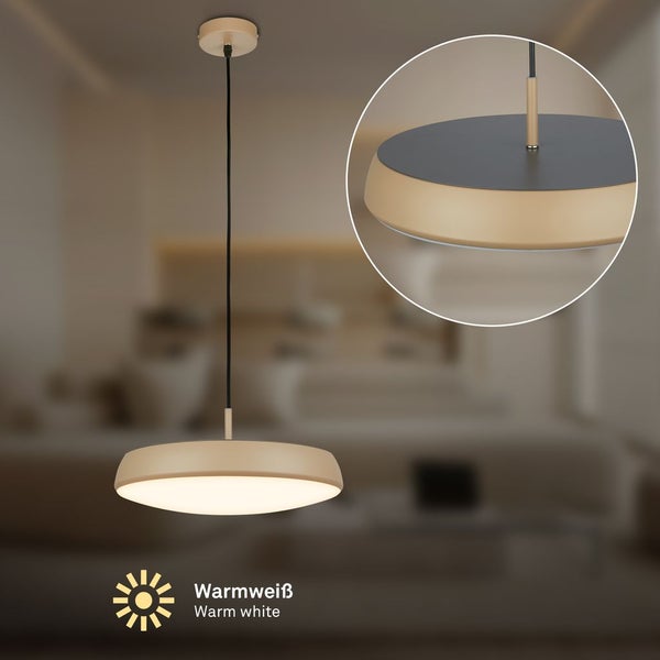 Moderne LED Pendelleuchte mit rundem Lampenschirm für ein warmweißes Licht in Wohnräumen