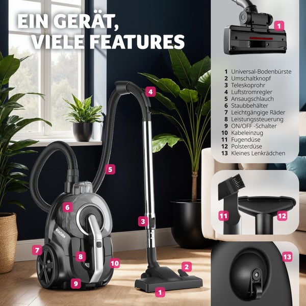 Staubsauger tectake VC900 43 x 27 x 88 - 117 cm 900 W, beutellos schwarz/grau