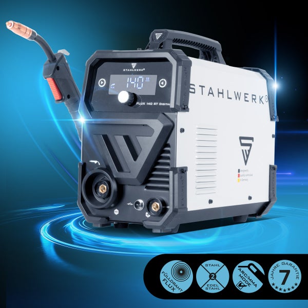 STAHLWERK Schweißgerät FLUX 140 ST DIGITAL mit Fülldraht-Flux-Technologie, geeignet für Stahl und Edelstahl, mit ARC/MMA-Modus und sieben Jahre Garantie.