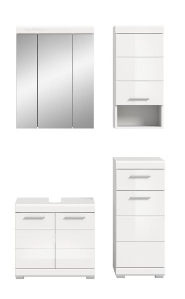Vierteiliges weißes Badezimmermöbel-Set mit Spiegelschrank, Hängeschrank, Waschbeckenunterschrank und hohem Beistellschrank.