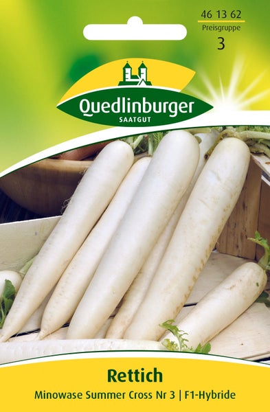 Quedlinburger Saatgut Logo, Samentüte für Rettich Minowase Summer Cross Nummer 3 F1-Hybride mit Abbildung von weißem Rettich.