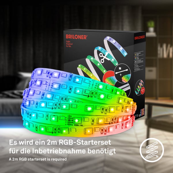 Briloner LED-Streifen 2 Meter lang, kürzbar, dimmbar, mit Farbwechsel-Funktion. Ein Starterset ist zur Inbetriebnahme erforderlich.
