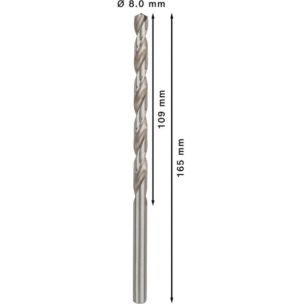 Bohrer mit den Maßen 8,0 mm Durchmesser, 109 mm Schneidlänge und 165 mm Gesamtlänge.