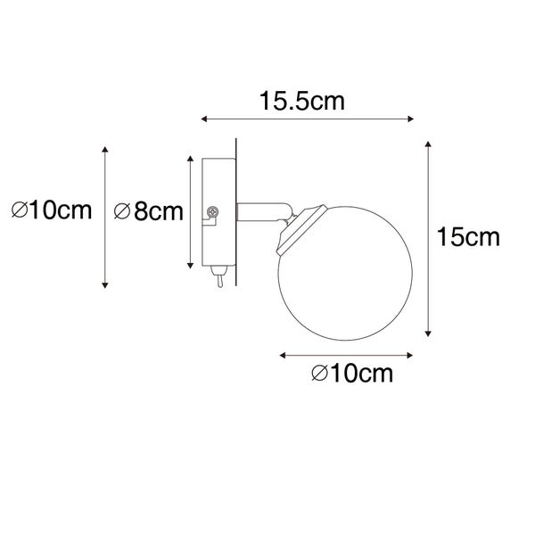 Technische Zeichnung einer Wandleuchte mit den Maßen 15.5 cm, 15 cm, Durchmesser 10 cm und 8 cm.