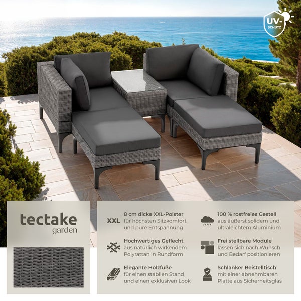 Rattan Lounge tectake Bellaria mit Sicherheitsglasplatte mit Aluminiumgestell grau