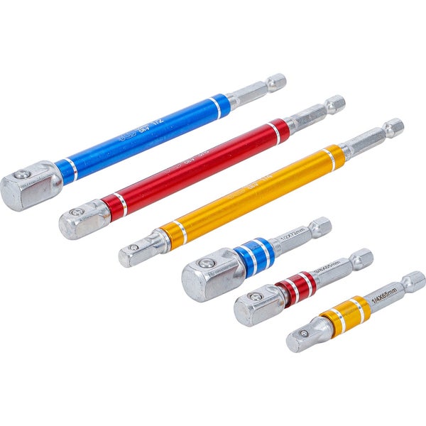 BGS Adapter-Satz für Bohrmaschinen farbig Antrieb Außensechskant 6,3 mm (1/4) Abtrieb Außenvierkant 6,3 mm (1/4) / 10 mm (3/8) / 12,5 mm (1/2) 75 - 150 mm 6tlg. - 74424