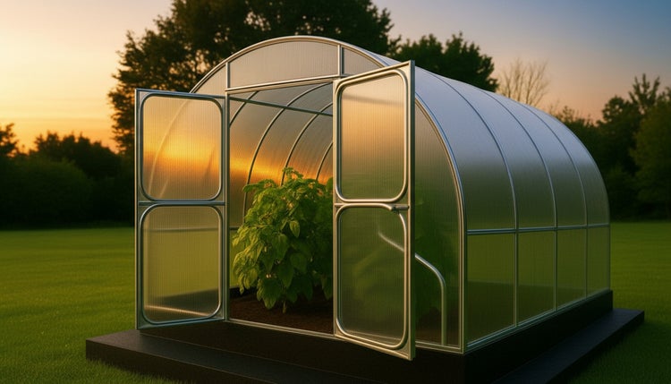 Gewächshaus mit geöffneten Türen und Pflanze darin