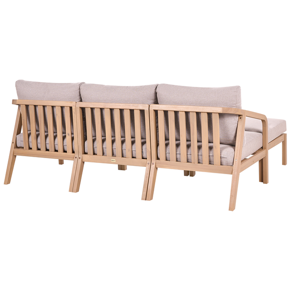 Gartensofa aus Holz mit Polstern in der Ansicht von hinten
