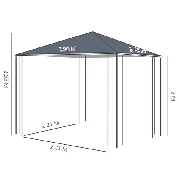 Outsunny Pavillon, Gartenpavillon, 2,95 x 2,95 m Pavillon, 2,95L x 2,95B x 2,55H m, Stahl,Polyester, Grau
