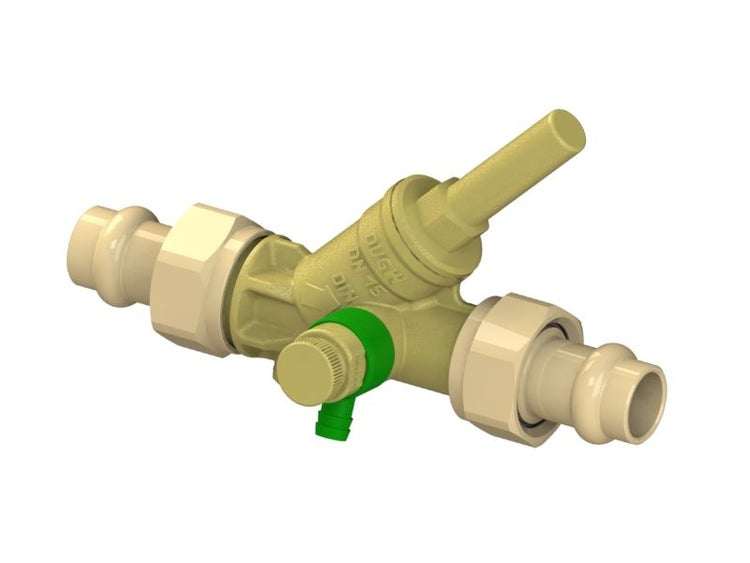 Schrägsitzventil aus Messing, Nennweite 15, beidseitige Pressanschlüsse und grünes Entleerungsventil.