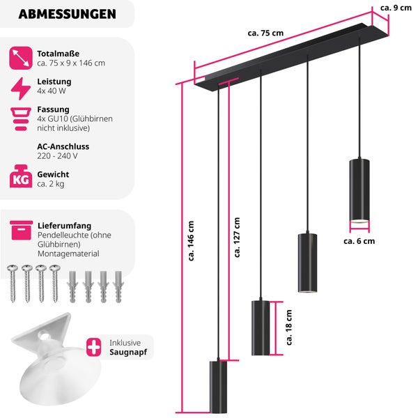 Pendelleuchte tectake Lumea 4-flammig, 4x GU10, 40 W 75 x 9 x 146 cm