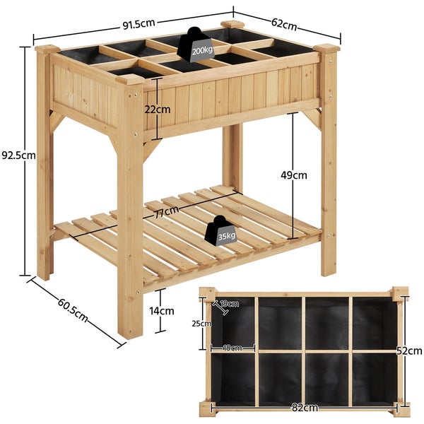 Abmessungen eines Hochbeets aus Holz mit Ablage