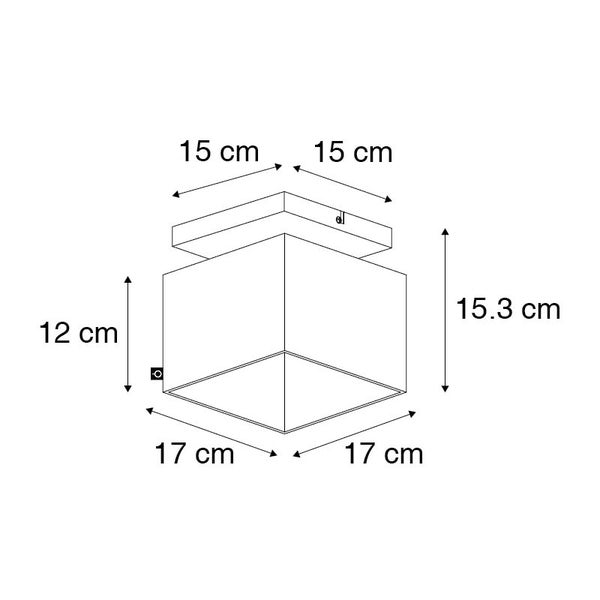 Skizze quadratische Deckenleuchte: Halterung 15 mal 15 Zentimeter, Schirm 17 mal 17 Zentimeter, Gesamthöhe 15,3 Zentimeter.