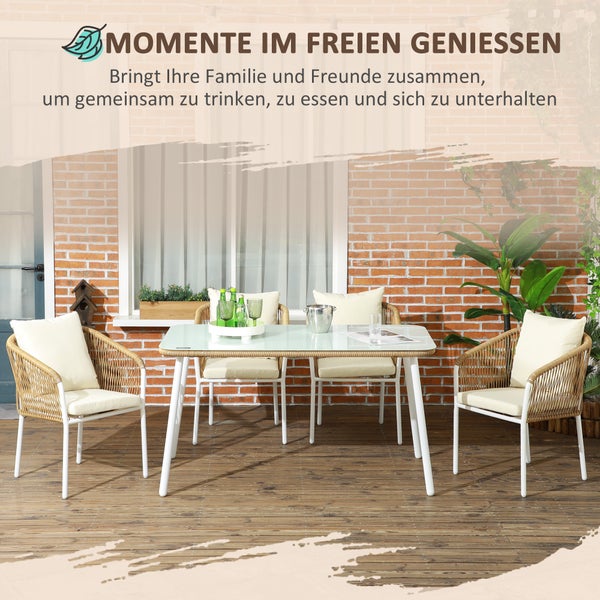 Outsunny 5tlg. Polyrattan Gartenmöbel Set, Esstisch mit 4 Stapelstühlen, mit Tischplatte aus Hartglas, 140L x 80B x 74H cm, PE-Rattan, Aluminium, Gelb