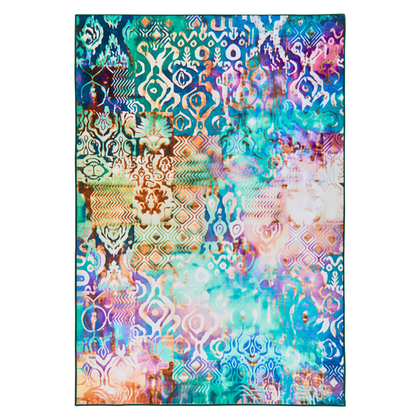Rechteckiger Teppich mit buntem Patchwork-Muster und orientalischen Ornamenten.