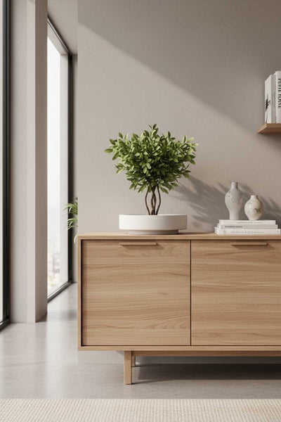 Modernes Sideboard aus Holz in einem hellen Raum mit einer Zimmerpflanze, Büchern und Vasen.