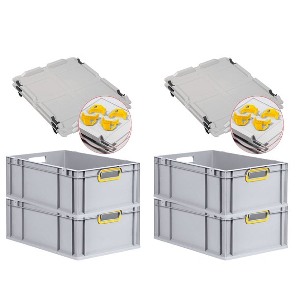 PROREGAL Spar Set 4x Eurobox Nextgen Color Mit Auflagedeckel & Schiebeschnappverschlüsse HxBxT 22 x 40 x 60 cm Griffe Gelb Offen Verstärkter Boden
