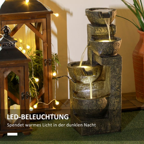 Mehrstufiger Zierbrunnen mit LED-Beleuchtung und Wasserspiel