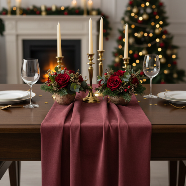 Festlich dekorierter Holztisch mit rotem Stoff-Tischläufer, Blumengestecken mit Rosen, goldenen Kerzenständern und Gedecken vor einem Kamin.