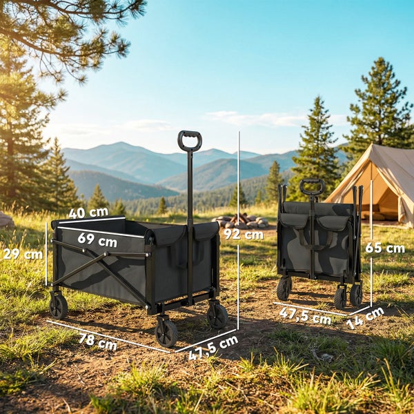 Faltbarer Bollerwagen mit Maßangaben im aufgebauten und zusammengeklappten Zustand, aufgestellt auf einem Campingplatz vor einer Berglandschaft.