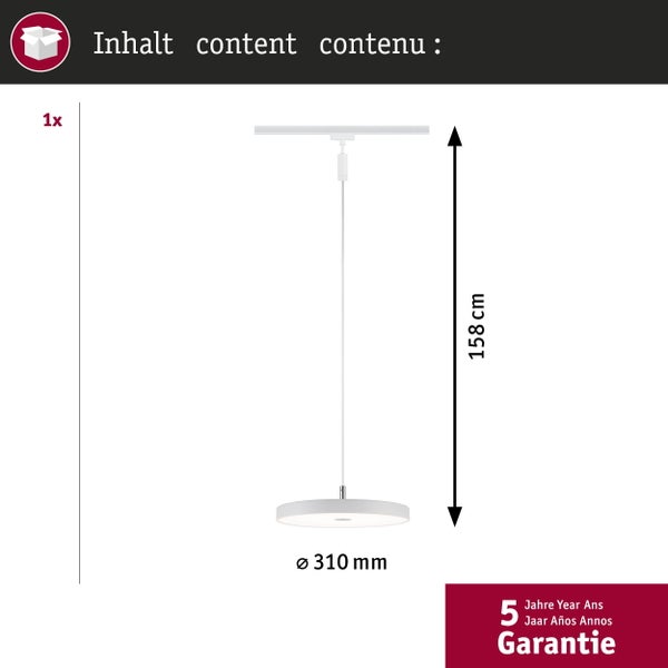LED-Pendelleuchte mit flachem rundem Schirm, Durchmesser 310 Millimeter, Höhe 158 Zentimeter, 5 Jahre Garantie.