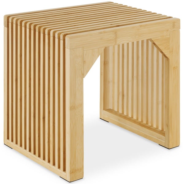 Quadratischer Badhocker aus Bambusholz mit Lamellenoptik