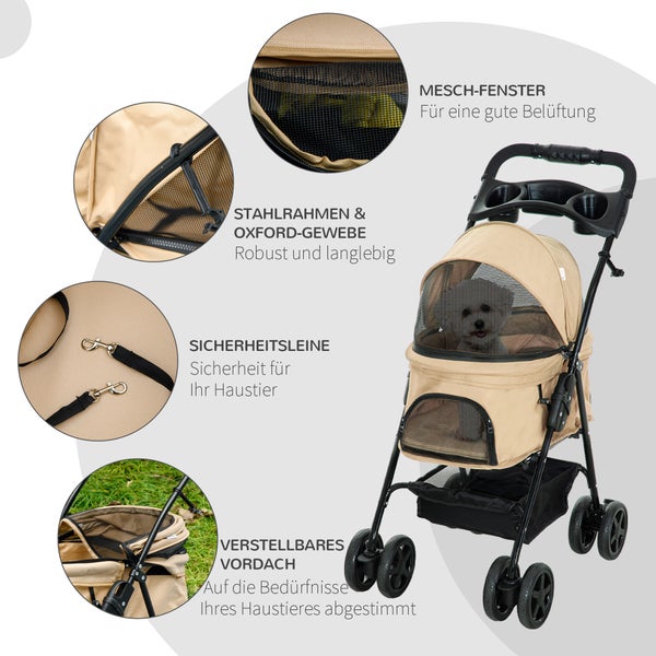PawHut Hundewagen Hundebuggy mit Klappfunktion Pet Stroller für kleine Hunde und Katzen Haustierwagen Katzenbuggy Oxford Khaki 67 x 45 x 96 cm