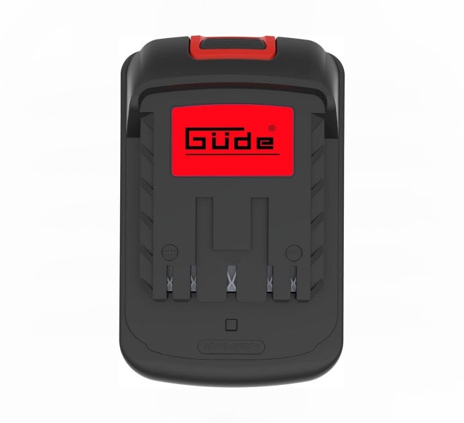Schwarzer Güde Akku für Elektrowerkzeuge mit Güde Logo.