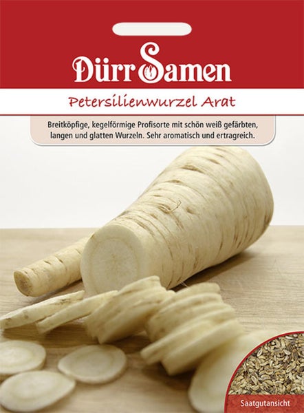 Dürr Samen Logo, Samentüte für Petersilienwurzel Arat mit Abbildung von Wurzeln und Saatgut.