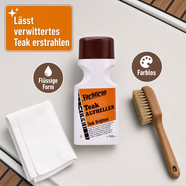 Yachticon Teak Aufheller 500 Milliliter Flasche mit Tuch und Bürste zur Pflege von verwittertem Teakholz.