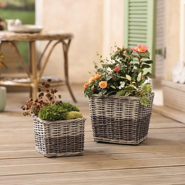 Zwei quadratische Pflanzkörbe aus Geflecht in verschiedenen Größen mit Blumen und Pflanzen auf einer Holzterrasse.