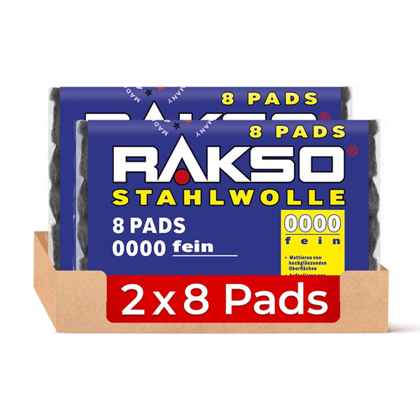 Rakso Stahlwolle 0000 fein, Doppelpackung mit 2 mal 8 Pads zur Oberflächenbearbeitung.