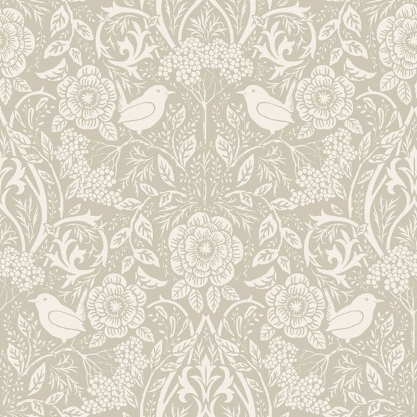 Tapete mit klassischem floralem Muster, kleinen Vögeln und ornamentalen Blattranken.