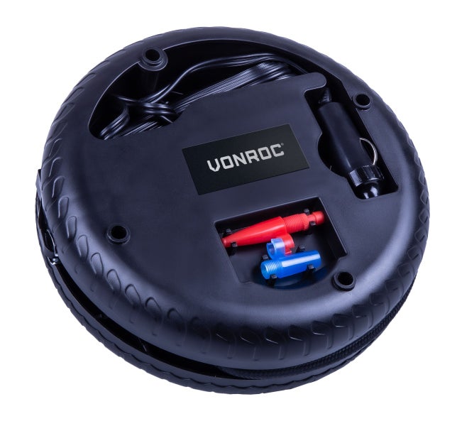 VONROC Mini Kompressor 12V - Mit Manometer - Max. 10 bar - inkl. 3 Adaptern