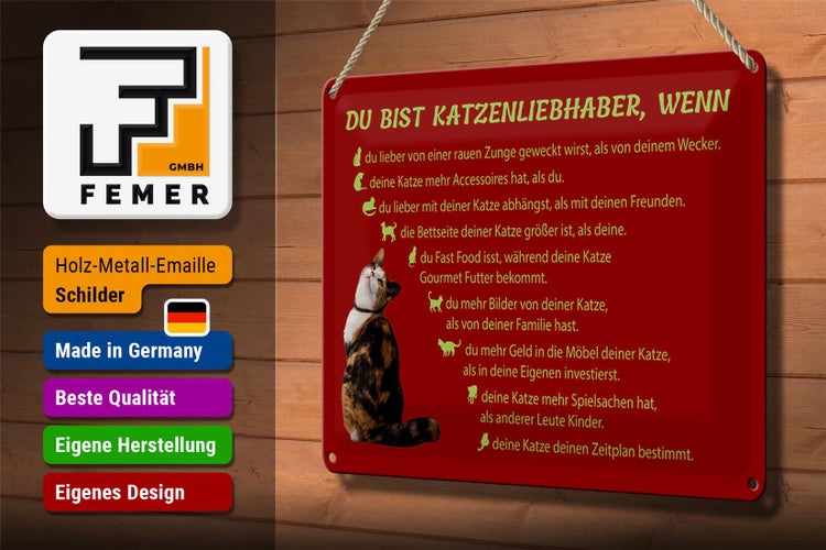 Dekoratives Emaille Schild mit Katzenmotiven und der Aufschrift Du bist Katzenliebhaber, wenn