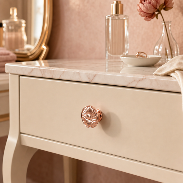 Runder Möbelknopf in Roségold mit Spiralmuster an einer hellen Schublade mit Marmorplatte.