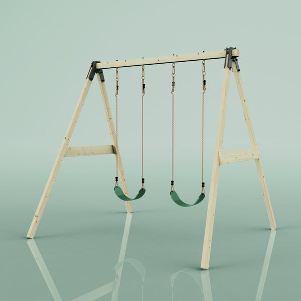 Schaukelgestell aus Holz mit zwei grünen Schaukelsitzen und Seilaufhängung.