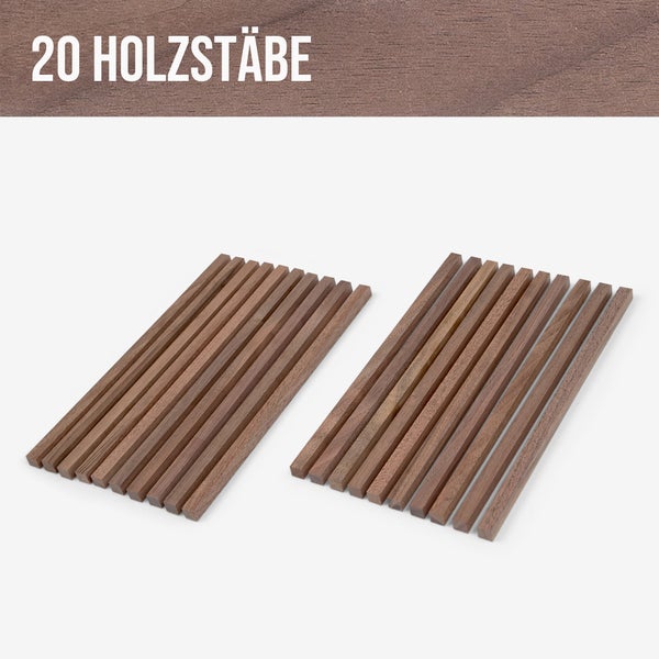 20 quadratische Holzstäbe aus dunklem Massivholz für Bastelarbeiten.