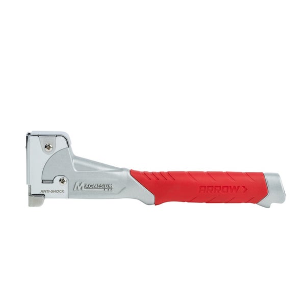 Arrow Hammertacker aus Magnesium mit rotem Gummigriff und Anti-Schock-Funktion.