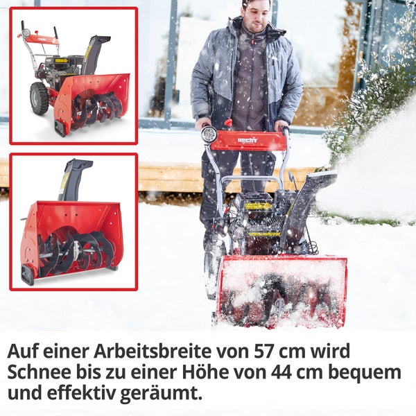 Mann bedient Schneefräse der Marke Hecht im Winter