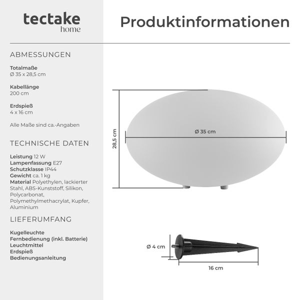 tectake Luminous Eye Kugelleuchte Luminous Eye, LED, mit Fernbedienung inklusive Erdspieß weiß