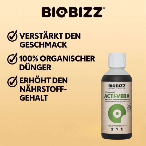 Biobizz Logo, Biobizz Acti-Vera Flasche, verstärkt den Geschmack, 100 Prozent organischer Dünger, erhöht den Nährstoffgehalt.