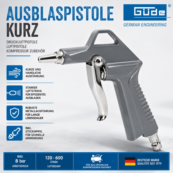 Kurze Güde Ausblaspistole für Kompressoren mit Metallgehäuse inklusive Stecknippel für eine effiziente Anwendung bei bis zu 8 bar Arbeitsdruck