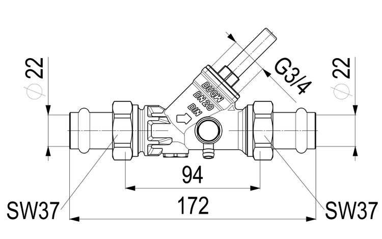 Technische Zeichnung eines Ventils mit Pressanschlüssen 22 Millimeter, Gesamtlänge 172 Millimeter und Schlüsselweite 37.