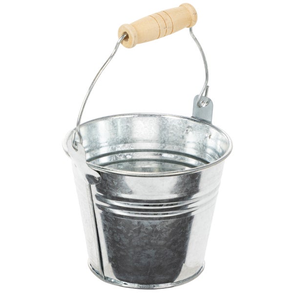 Kleiner verzinkter Metalleimer mit Metallhenkel und Holzgriff.