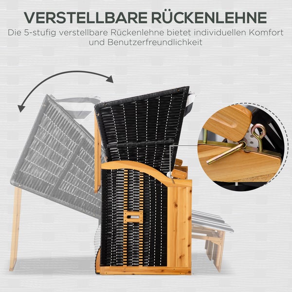 Outsunny Strandkorb Ostsee Volllieger 2-Sitzer Strandkörbe aus Tannenholz, 5-stufige verstellbare Rückenlehne, Strandkorb mit Fußbänkchen Seitentische, PE Geflecht, Strandstuhl für Balkon, Grau+Weiß