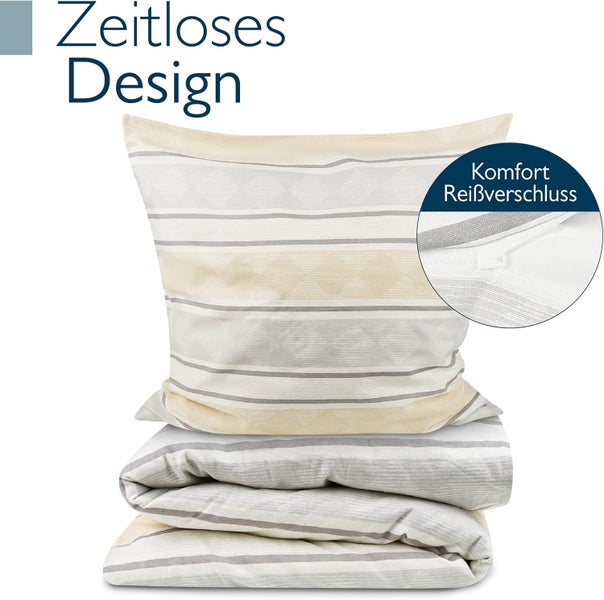 Bettwäsche-Set bestehend aus Kopfkissenbezug und Bettbezug mit Streifen- und Rautenmuster, inklusive Komfort-Reißverschluss.
